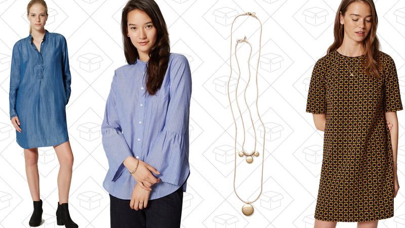 Chambray Ruffle Shirtdress, $40 | Striped Bell Sleeve Softened Shirt, $27 | Layered Disc Necklace Set, $20 | Deco Shift Dress, $40